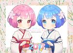  2girls akeome ayamy bangs blue_eyes blue_hair blush child commentary_request eyebrows_visible_through_hair flower hair_flower hair_ornament hairclip happy_new_year holding holding_sign japanese_clothes kimono multiple_girls new_year pink_hair ram_(re:zero) re:zero_kara_hajimeru_isekai_seikatsu red_eyes rem_(re:zero) short_hair siblings sign sisters smile translated twins twitter_username upper_body younger 