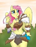  anthro anthrofied atryl barbarian clothed clothing colored digital_media_(artwork) edit equine feathered_wings feathers female fluttershy_(mlp) friendship_is_magic furs hair horse loincloth long_hair mammal mrponeswildride my_little_pony pegasus pink_hair pony simple_background solo wings 