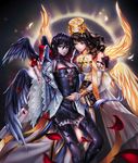  angel_wings bare_shoulders black_gloves black_hair black_legwear blush breasts brown_eyes cleavage collarbone dungeon_and_fighter female_crusader_(dungeon_and_fighter) female_priest_(dungeon_and_fighter) gloves grey_eyes highres large_breasts long_hair looking_at_another looking_at_viewer mistress_(dungeon_and_fighter) multiple_girls nyamunyamu parted_lips red_gloves short_hair smile thighhighs wings 