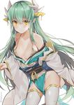  bad_id bad_pixiv_id bikini bikini_under_clothes breasts cleavage closed_mouth dress fate/grand_order fate_(series) green_hair hair_between_eyes hair_ornament horns kiyohime_(fate/grand_order) kiyohime_(swimsuit_lancer)_(fate) long_hair looking_at_viewer lying medium_breasts obi off_shoulder sabet_(young_ouo) sash side_slit sidelocks simple_background smile solo swimsuit thighhighs very_long_hair white_background white_legwear wide_sleeves yellow_eyes 