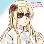 bad_id bad_pixiv_id blonde_hair braid commentary english english_commentary flower french_braid hair_flower hair_ornament hairband jewelry kantai_collection long_hair lowres ring rukialice shirt sidelocks solo sunglasses sweatdrop upper_body warspite_(kantai_collection) wedding_band white_shirt 