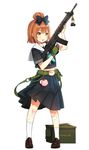  assault_rifle ayamy bandaid_on_cheek bangs belt blue_skirt brown_hair commentary_request cowboy_shot fingerless_gloves gloves green_belt green_gloves gun hair_between_eyes hair_ribbon highres holding holding_gun holding_weapon howa_type_89 looking_at_viewer military original pom_pom_(clothes) pouch ribbon rifle school_uniform short_hair simple_background skirt solo tied_hair uniform weapon white_background yellow_eyes 