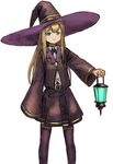 bangs blonde_hair blue_eyes commentary_request cowboy_shot dot_nose hat holding_lantern lantern large_hat long_hair looking_at_viewer original puffy_sleeves purple_legwear purple_skirt purple_vest simple_background skirt smile solo thighhighs vest wasabi60 white_background witch_hat 
