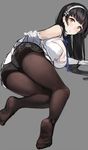  arm_support ass bangs black_hair black_legwear blunt_bangs breasts commentary_request deneb_(noble324) eyebrows_visible_through_hair from_behind girls_frontline gloves grey_background gusset hairband highres large_breasts lifted_by_self long_hair looking_at_viewer lying on_side panties panties_under_pantyhose pantyhose parted_lips pleated_skirt qbz-95_(girls_frontline) simple_background skirt skirt_lift soles solo thighs underwear white_gloves white_panties white_skirt yellow_eyes 
