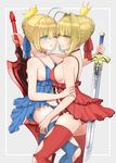  absurdres ahoge artoria_pendragon_(all) babydoll bangs bare_arms bare_shoulders black_bow black_choker blonde_hair blue_babydoll blue_eyes blue_panties bow bow_choker bow_legwear bow_panties braid breasts choker clarent closed_mouth collarbone commentary_request cowboy_shot crown excalibur eyebrows_visible_through_hair face-to-face fate/extra fate/stay_night fate_(series) fingernails french_braid green_eyes hair_between_eyes hair_bun half-closed_eyes hand_on_another's_arm hand_on_another's_thigh hand_up highres holding holding_sword holding_weapon lingerie looking_at_another medium_breasts mini_crown multiple_girls nero_claudius_(fate) nero_claudius_(fate)_(all) one_eye_closed panties parted_lips red_babydoll red_legwear red_panties saber short_hair sidelocks small_breasts smile standing sword takaoka_hide teeth thighhighs underwear weapon white_bow white_choker 