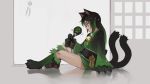  1girl animal_ears bell black_hair cat_ears cat_girl cat_paws cat_tail claws commentary english_commentary fan full_body fusion glasses green_hair grey_background highres japanese_clothes jingle_bell kimono long_hair long_sleeves monster_girl_encyclopedia multiple_tails nekomata_(monster_girl_encyclopedia) original parted_lips paws profile rectangular_eyewear short_kimono simple_background sitting solo tail tharkis twintails two_tails wide_sleeves 