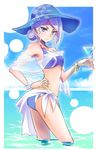  alcohol bikini blue_bikini blue_eyes bracelet cocktail_glass commentary_request cup curly_hair drinking_glass glaring hand_on_hip hat iesupa jewelry mature ring rwby sarong scarf scrunchie see-through solo sun_hat swimsuit wading water wedding_ring white_hair wine wrist_scrunchie 