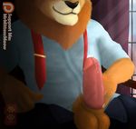  2017 anthro balls bulge clothed clothing cum disney erection feline fur grin hair hi_res leodore_lionheart lion looking_at_viewer male male/male mammal mrmittensmeow muscular patreon penis precum simple_background smile solo suite zootopia 