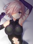  :o arm_up armpits bangs bare_shoulders bed_sheet black_leotard blush breasts breasts_apart clenched_hand elbow_gloves embarrassed eyebrows_visible_through_hair fate/grand_order fate_(series) from_above gloves gomano_rio hair_over_one_eye halterneck hand_up highres impossible_clothes impossible_leotard indoors large_breasts leotard light_particles looking_at_viewer lying mash_kyrielight navel_cutout on_back on_bed parted_lips purple_eyes purple_gloves shiny shiny_hair short_hair silver_hair skin_tight solo stomach surprised turtleneck upper_body 