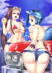  ass bare_shoulders bikini bikini_top blue_hair bottle breasts brown_eyes bubble car cleavage cloud day dengeki_hime denim denim_shorts eyepatch fingerless_gloves gloves ground_vehicle hand_on_own_ass hat holding kakouen kakouton kantaka koihime_musou large_breasts leaning_forward long_hair looking_back motor_vehicle multiple_girls navel official_art open_mouth ponytail purple_bikini purple_eyes red_eyes short_hair short_shorts shorts sky smile soap sponge swimsuit thigh_gap thighs thong_bikini very_long_hair washing watermark 