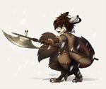  2014 anthro black_nose brown_hair canine fox green_eyes hair holding_object holding_weapon kyander mammal simple_background solo weapon white_background 