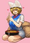  absurdres animal_ears blonde_hair blush chanta_(ayatakaoisii) chopsticks commentary dress eyebrows_visible_through_hair food food_request fox_ears fox_tail full_body hair_between_eyes hat heart highres holding holding_chopsticks looking_down multiple_tails open_mouth pillow_hat pink_background seiza short_hair simple_background sitting slit_pupils smile solo tabard tail touhou white_dress yakumo_ran yellow_eyes 
