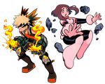  1girl :o angry bakugou_katsuki bare_shoulders ben-day_dots blush blush_stickers bodysuit boku_no_hero_academia boots bright_pupils brown_hair clenched_teeth domino_mask explosion explosive fingers floating full_body gauntlets gloves grenade hands mask open_mouth pants red_eyes rnurkrow rock screentones short_hair spiked_hair tank_top teeth transparent_background uraraka_ochako white_pupils 