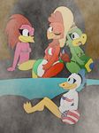  2017 anthro aracuan_bird avian ball beach_ball beak bikini bird breasts chicken clothing crossgender digital_media_(artwork) disney donald_duck duck eyelashes feathers female green_feathers group hair hat hi_res jos&eacute;_carioca male male/female non-mammal_breasts panchito_pistoles parrot simple_background smile swimsuit the_three_caballeros trixer740_(artist) underwear 