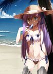  beach bikini black_bikini_bottom blue_eyes blue_ribbon breasts day fate/extra fate/extra_ccc fate_(series) food frilled_bikini frills hair_ribbon hat highres horizon long_hair meltlilith mismatched_bikini ocean outdoors palm_tree popsicle purple_hair ribbon small_breasts solo standing sun_hat swimsuit thighhighs tree white_bikini white_bikini_top yuge_(yuge_bakuhatsu) 