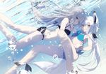  air_bubble animal_ears bikini black_bikini blue_bikini breasts bubble cleavage commentary_request expressionless fox_ears fox_tail from_side highres holding_hands interlocked_fingers long_hair looking_at_viewer medium_breasts multiple_girls nagishiro_mito original pale_skin silver_eyes silver_hair submerged swimsuit tail underwater underwear very_long_hair white_hair white_skin yellow_eyes 