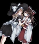  2girls alternate_hair_color apron ascot black_background black_hat black_skirt blonde_hair blue_eyes bow braid brown_hair commentary_request detached_sleeves frills hair_bow hair_tubes hakurei_reimu hat hat_bow highres holding_hands implied_yuri kirisame_marisa long_hair looking_at_viewer multiple_girls puffy_short_sleeves puffy_sleeves red_bow red_eyes red_skirt ribbon-trimmed_sleeves ribbon_trim short_sleeves side_braid skirt skirt_set touhou vest waist_apron white_bow witch_hat wrist_cuffs 