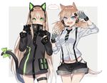  :d a821 arm_up bangs black_gloves black_shorts blonde_hair blue_eyes blue_panties bow brown_hair cat_ear_headphones cat_tail cowboy_shot fingerless_gloves girls_frontline gloves green_bow green_eyes green_ribbon grey_gloves hair_between_eyes half_gloves hands_up headphones idw_(girls_frontline) jacket long_hair looking_at_viewer multiple_girls open_mouth panties paw_pose ribbon short_shorts shorts sleeves_rolled_up smile sparkle speech_bubble suspender_shorts suspenders tail tail_bow tail_ribbon teeth thigh_strap tmp_(girls_frontline) twintails underwear v-shaped_eyebrows very_long_hair 