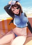  ;d adapted_costume bad_id bad_pixiv_id beach bikini bikini_bottom blush breasts brown_eyes brown_hair day girls_und_panzer hat highres impossible_clothes large_breasts long_hair mika_(girls_und_panzer) nksk ocean one_eye_closed open_mouth outdoors rash_guard side-tie_bikini sidelocks sitting smile solo surfboard swimsuit water 