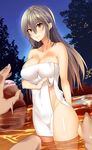  bath bathing black_hair breasts brown_eyes commentary_request covering groin hair_between_eyes haruna_(kantai_collection) highres inuikentarou kantai_collection large_breasts long_hair naked_towel nude_cover onsen outdoors partially_submerged rock soaking_feet towel water wet 