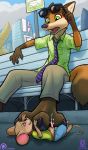  3_toes bench between_toes blush brown_eyes bus_stop canine claws clothing cum disney eyewear foot_fetish foot_focus footjob fox green_eyes lichfang male male/male mammal mouse nick_wilde open_mouth paws penis public rodent sex size_difference sunglasses surprise toes zootopia 