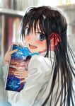  absurdres bangs black_hair blue_eyes blurry blush bob_(biyonbiyon) book bookshelf collared_shirt commentary_request d: depth_of_field dress_shirt from_behind hair_between_eyes hair_ribbon highres holding holding_book indoors long_hair looking_at_viewer looking_back manga_(object) open_mouth original red_ribbon ribbon shirt sidelocks solo sweatdrop teeth upper_body very_long_hair white_shirt 