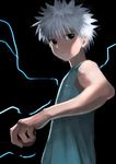  bare_shoulders black_background black_hair blue_shirt commentary_request electricity holding hunter_x_hunter killua_zoldyck looking_to_the_side male_focus monochrome_background pointy_hair shirt silver_hair solo upper_body wasabi60 white_hair 