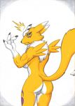  2017 anthro black_sclera blue_eyes boxice breasts butt canine chest_tuft digimon female fox fur mammal nude pussy raised_tail renamon side_boob simple_background solo tuft white_background white_fur yellow_fur 