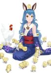  animal_ears bangs bare_shoulders bird blue_hair blue_kimono brown_eyes chick chick_on_head chicken chinese_zodiac commentary_request ferry_(granblue_fantasy) floral_print flower_ornament granblue_fantasy japanese_clothes kimono long_hair long_sleeves looking_up new_year rooster seiza simple_background sitting smile very_long_hair very_long_sleeves wasabi60 white_background year_of_the_rooster 