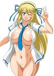  ;d aqua_eyes areola_slip areolae blonde_hair blue_neckwear blue_ribbon blush breasts collarbone commentary_request cowboy_shot curvy hair_ribbon hairband katsuragi_(senran_kagura) large_breasts long_hair looking_at_viewer naked_shirt navel necktie one_eye_closed open_clothes open_mouth open_shirt pussy rainkeru ribbon senran_kagura senran_kagura_shoujo-tachi_no_shin'ei shirt short_sleeves smile solo stomach v white_shirt 