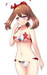  1girl absurdres bare_shoulders bikini black_bow bow breasts brown_hair cleavage collarbone embarrassed hair_bow half-closed_eyes hand_to_own_mouth hand_up haruka_(pokemon) haruka_(pokemon)_(remake) headband looking_away medium_breasts navel pokemon pokemon_(game) pokemon_oras pokemon_rse purple_eyes red_bikini red_bow revealing_cutout shiny_skin simple_background solo standing swimsuit white_background yuihiko 
