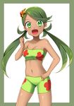  1girl bare_shoulders bikini border breasts cleavage collarbone dark_skin eyebrows_visible_through_hair floral_print green_bikini green_border green_eyes green_hair hair_ornament hand_up legs_apart long_hair looking_at_viewer mao_(pokemon) medium_breasts navel open_mouth pokemon pokemon_(game) pokemon_sm shiny_skin simple_background smile solo standing strapless swimsuit tied_hair tubetop twintails white_background yuihiko 