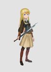  bangs blonde_hair blue_eyes breastplate commentary_request eyebrows_visible_through_hair grey_background highres holding holding_sword holding_weapon leather_belt leg_armor long_hair looking_at_viewer original simple_background skirt smile solo standing strap sword wasabi60 weapon yellow_skirt 
