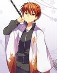  1boy haori jacket kyoukai_no_rinne pants red_eyes red_hair rokudou_rinne scythe short_hair weapon 