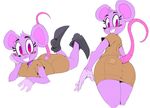  animal_humanoid anthro breasts buckteeth butt clothing colored eyelashes female fur grey_fur humanoid looking_back mammal mouse peasant_mouse purple_eyes rear_view rodent simple_background smile solo super_planet_dolan teeth vimhomeless 