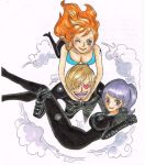  1boy 2girls breasts carina_(one_piece) cleavage multiple_girls nami_(one_piece) one_piece one_piece_film_gold orange_hair sanji smile 