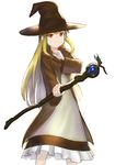  blonde_hair brown_hat brown_rose commentary_request dot_nose feet_out_of_frame frills hat highres holding holding_staff long_hair looking_at_viewer original red_eyes simple_background smile solo staff wasabi60 white_background witch witch_hat 