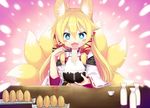  1girl :3 akaboshi_no_kyuubiko animal_ears artist_request blonde_hair blue_eyes chopsticks fang fox_ears fox_tail game_cg kyuubi long_hair lord_of_walkure miko noodles ribbon_trim tail 