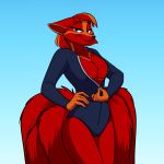  2019 anthro big_breasts black_nose blue_eyes breasts canine clothed clothing dreamspinner female fox foxenawolf hair looking_at_viewer mammal molly_fullin multi_tail red_hair solo undressing 