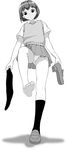  1girl barefoot feet holding_shoes loafers looking_at_viewer monochrome one_leg_raised pantyshot pov school_uniform shoes_removed short_hair single_shoe single_sock socks socks_removed soles toes 
