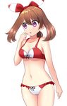  1girl absurdres bare_shoulders bikini black_bow blush bow breasts brown_hair cleavage collarbone eyebrows_visible_through_hair hair_bow hand_to_own_mouth hand_up haruka_(pokemon) haruka_(pokemon)_(remake) headband medium_breasts navel open_mouth pokemon pokemon_(game) pokemon_oras pokemon_rse purple_eyes red_bikini red_bow shiny_skin simple_background solo standing swimsuit white_background yuihiko 