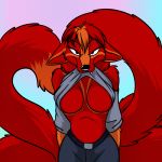 2019 anthro black_nose blue_eyes breasts canine clothed clothing clothing_lift dreamspinner featureless_breasts female fox foxenawolf fur hair mammal molly_fullin presenting presenting_breasts red_fur red_hair shirt shirt_lift solo undressing 