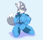  2014 acstlu anthro big_breasts black_nose breasts canine clothed clothing crossgender crossover digital_media_(artwork) dipstick_tail female fur hi_res kneeling looking_at_viewer mammal metroid multicolored_fur multicolored_tail nintendo purple_eyes simple_background solo star_fox tight_clothing two_tone_fur two_tone_tail video_games wolf wolf_o&#039;donnell zero_suit 