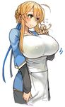  ahoge apron artoria_pendragon_(all) artoria_pendragon_(lancer) blonde_hair blush breasts commentary fate/stay_night fate_(series) green_eyes hair_bun huge_breasts older playing_with_own_hair sachito sidelocks solo 