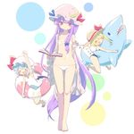  &gt;_&lt; :d ayakashi_(monkeypanch) barefoot bat_wings bikini blonde_hair blue_bow blue_hair blue_ribbon book bow commentary_request crescent crescent_hair_ornament flandre_scarlet hair_bow hair_ornament hat hat_ribbon highres holding holding_book inflatable_shark inflatable_toy innertube long_hair looking_at_viewer micro_bikini mob_cap multiple_girls open_mouth patchouli_knowledge purple_eyes purple_hair red_bow red_ribbon remilia_scarlet ribbon short_hair smile standing sun_hat swimsuit touhou very_long_hair white_background white_bikini wings xd 