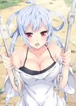  ahoge bare_shoulders blue_eyes blush breasts cleavage commentary hair_ornament holding large_breasts long_hair looking_at_viewer matoi_(pso2) milkpanda open_mouth phantasy_star phantasy_star_online_2 red_eyes ribbon silver_hair solo twintails 