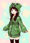  1girl :d bangs black_hair black_legwear blue_eyes blush collarbone commentary_request cowboy_shot creeparka creeper ddak5843 drawstring eyebrows_visible_through_hair hair_ornament hairclip highres hood legs_apart long_hair long_sleeves looking_at_viewer minecraft nijisanji open_mouth parka sidelocks sleeves_past_wrists smile solo standing thighhighs tsukino_mito virtual_youtuber 