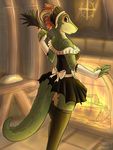  2017 5_fingers anthro argonian banner biped bread breasts brown_eyes clothing detailed_background eyebrows feathers female fire fireplace food furniture green_scales headdress hi_res holding_object horn humanoid_hands infinitedge2u inside legwear lifts-her-tail looking_at_viewer looking_back lusty_argonian_maid maid_uniform rear_view scales scalie slit_pupils smile snout solo table the_elder_scrolls thigh_highs uniform video_games wood 