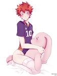  absurdres blush bottomless full_body haikyuu!! highres hinata_shouyou looking_at_viewer male_focus orange_hair pastel-puke solo sportswear stuffed_animal stuffed_bunny stuffed_toy thighhighs white_legwear yellow_eyes 