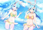  2girls absurdres animal_ears blue_hair bunny_ears cloud cloudy_sky ex_takehito eyebrows_visible_through_hair eyes_visible_through_hair fake_animal_ears highres looking_at_viewer mismatched_legwear multiple_girls near_(sound_voltex) noah_(sound_voltex) ocean open_mouth sky sound_voltex thick_eyebrows v yellow_bikini_bottom yellow_bikini_top 